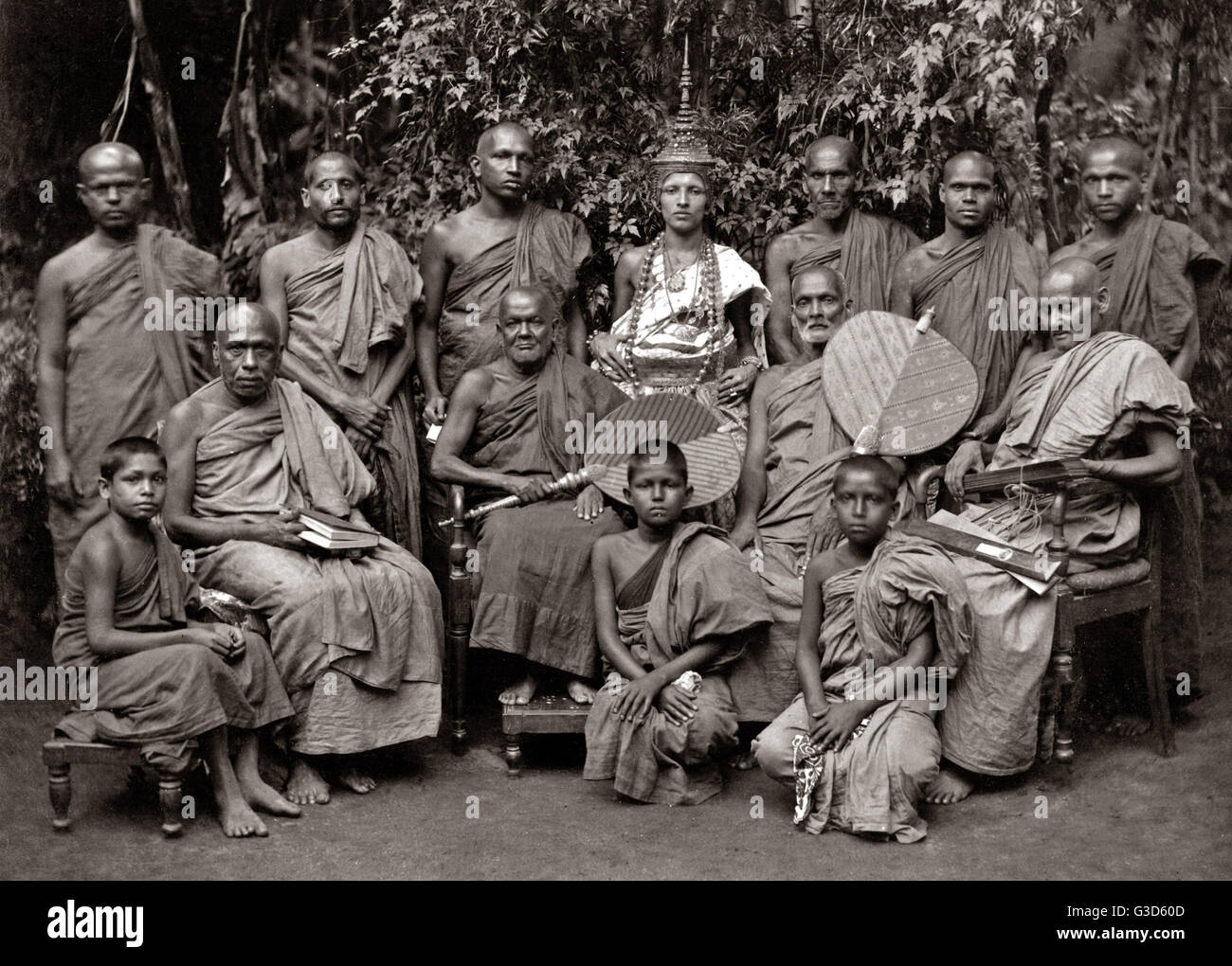 Sinhalese Buddhist Priests, Ceylon, Sri Lanka, circa 1880s Stock Photo
