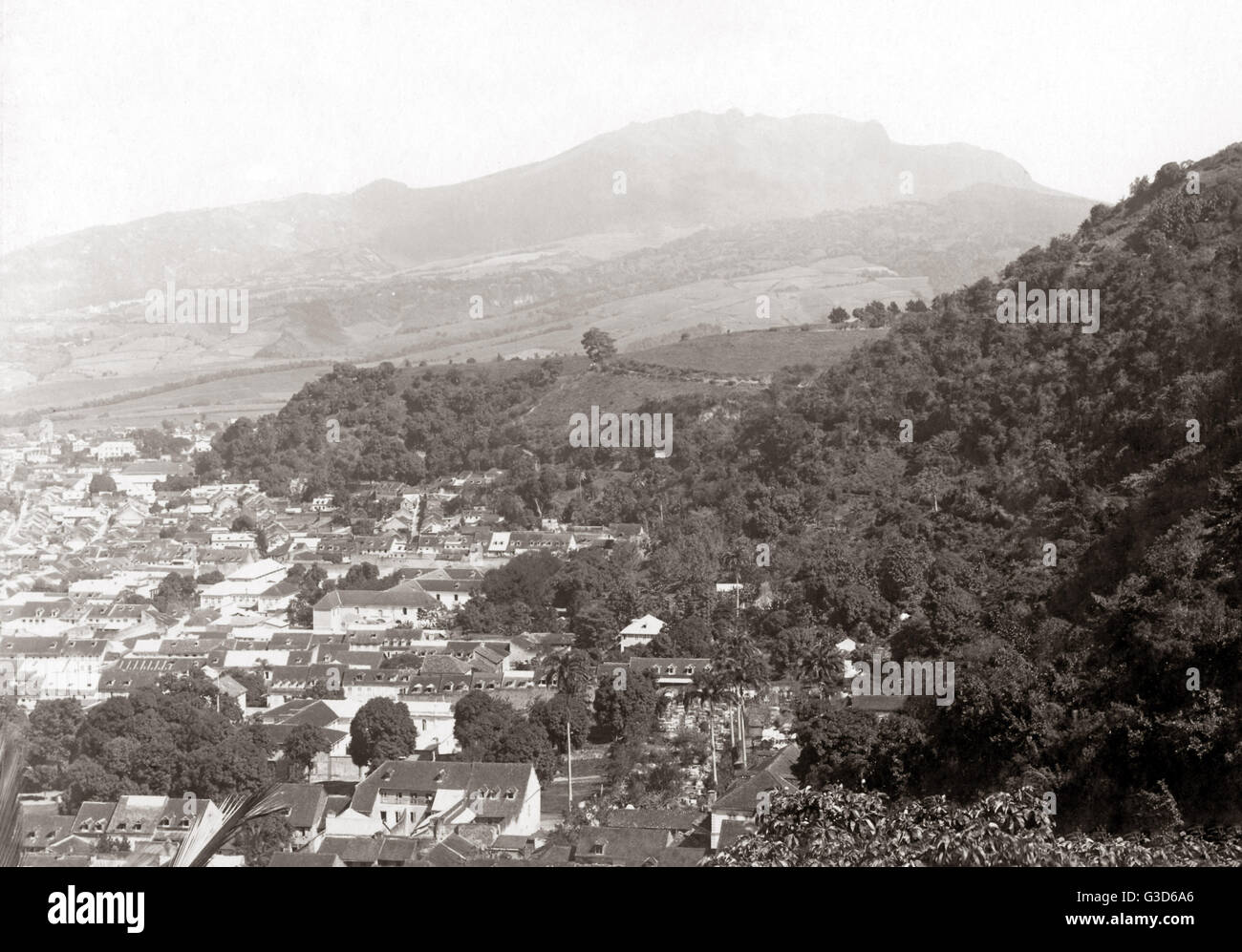 Mount Pelee and St Pierre, Martinique, West Indies, circa 19 Stock Photo