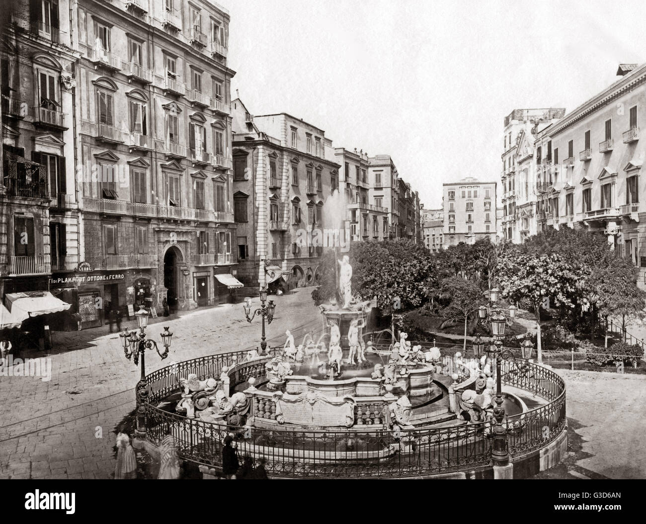 Philippo Rege Fountain in Naples, Italy, circa 1880s. Stock Photo