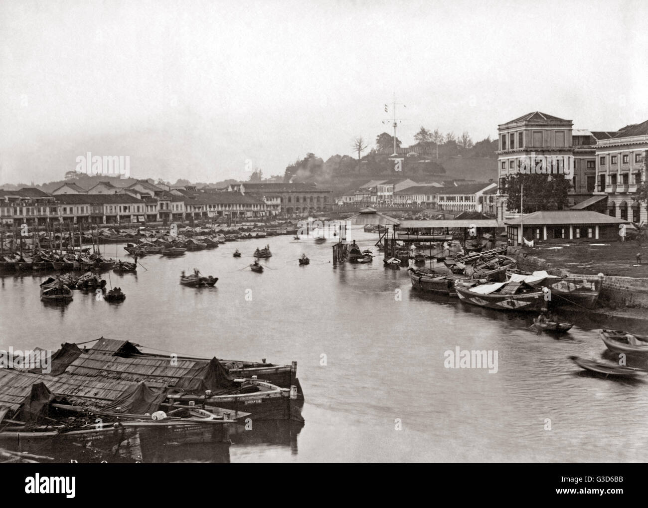 Boat Quay, Singapore, circa 1890 Stock Photo