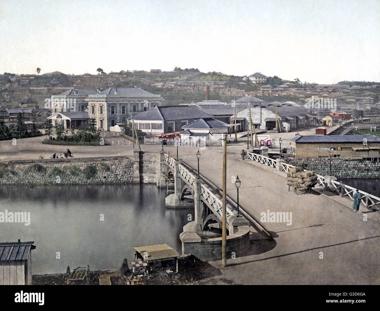 Railway station and bridge, Yokohama, Japan, circa 1880s Stock Photo