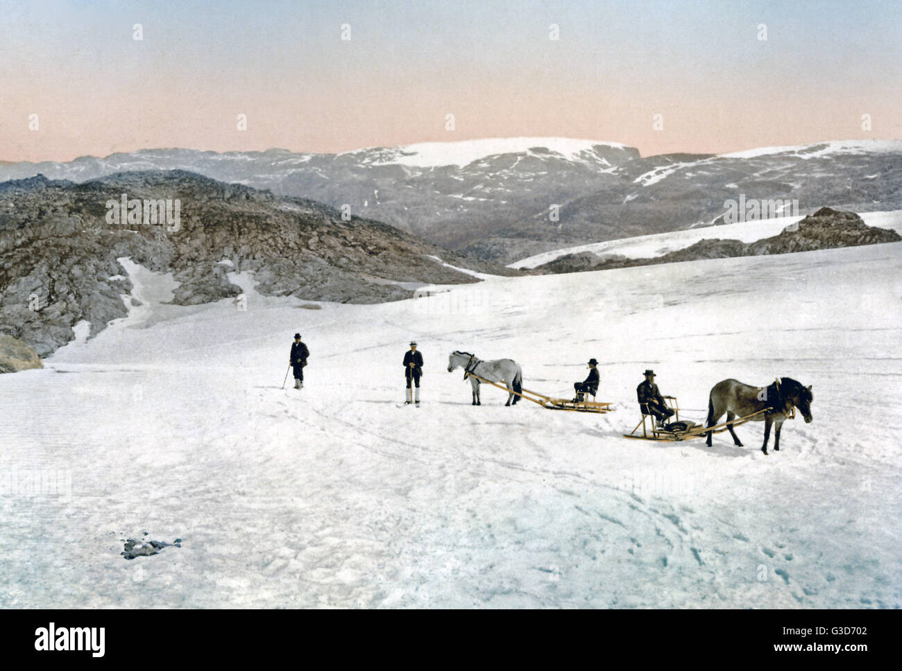 Sleighs on the Folgefonna Glacier, Norway, circa 1890s Stock Photo