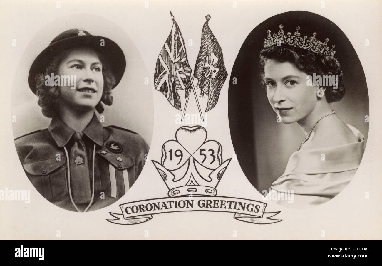 Coronation Greetings Card - Girl Guide Association - two portraits of Queen Elizabeth II, as Queen and as a Girl Guide.     Date: 1953 Stock Photo