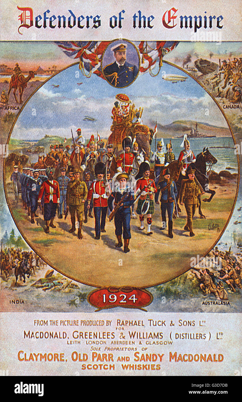 Defenders of the Empire - an allegory: King Edward VII stands surrounded by his loyal and devoted military. Image produced by Raphael Tuck &amp; Sons Ltd. for Macdonald, Greenlees &amp;Williams (Distillers) Ltd., the sole proprietors of Claymore, Old Parr Stock Photo