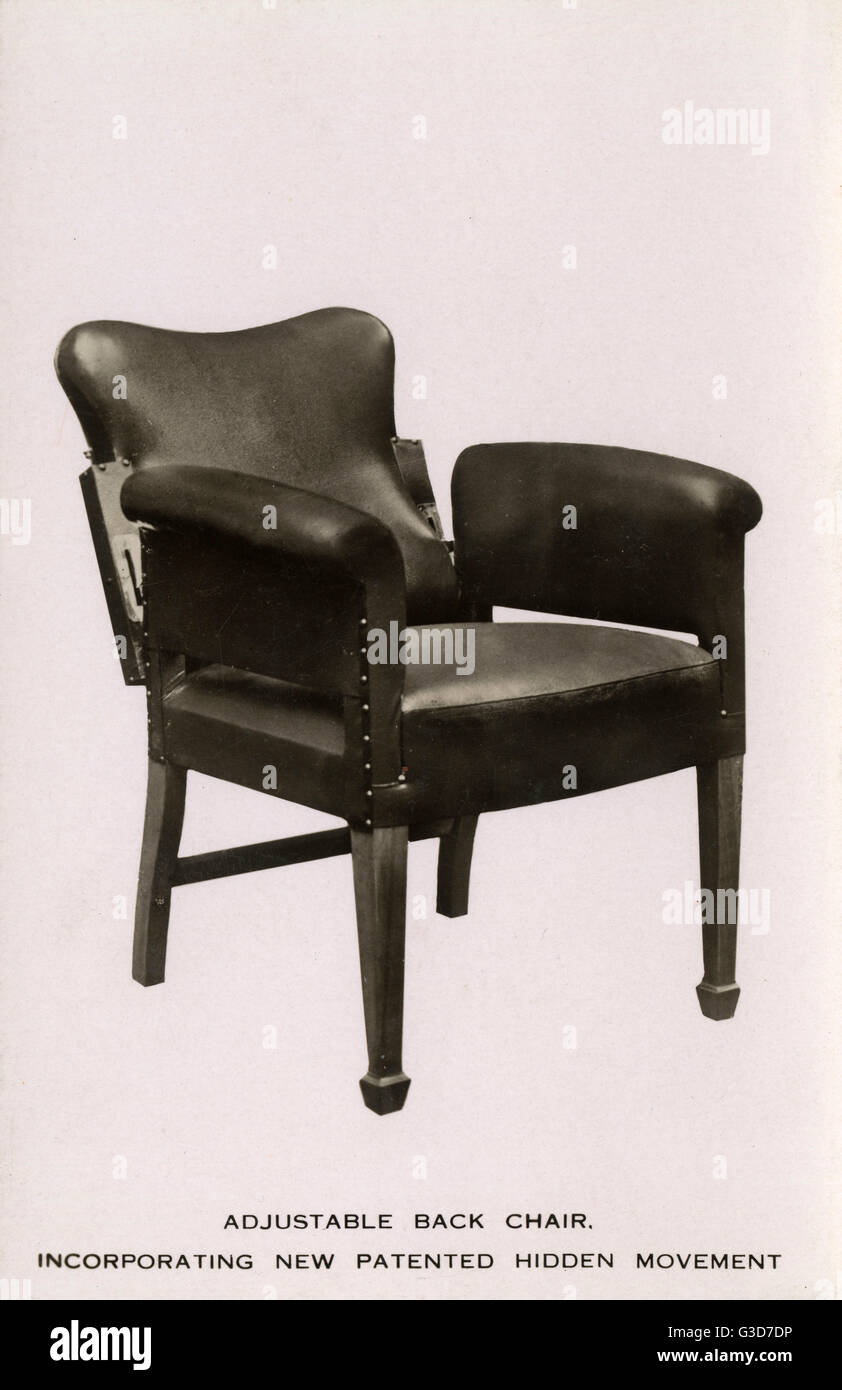 Adjustable back chair incorporating new patented hidden movement!     Date: circa 1910s Stock Photo