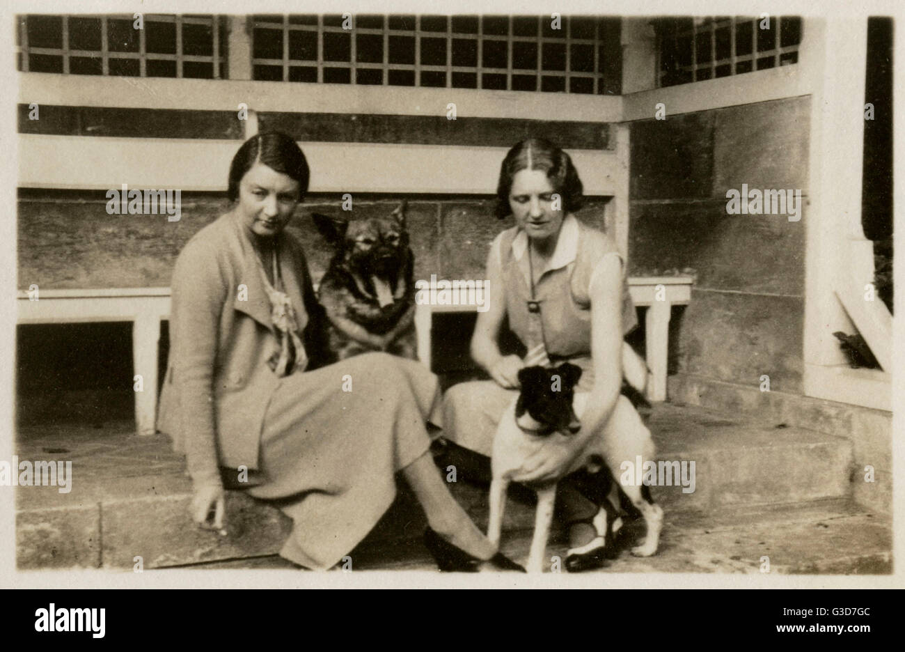 Two women with dogs in a back garden Stock Photo - Alamy