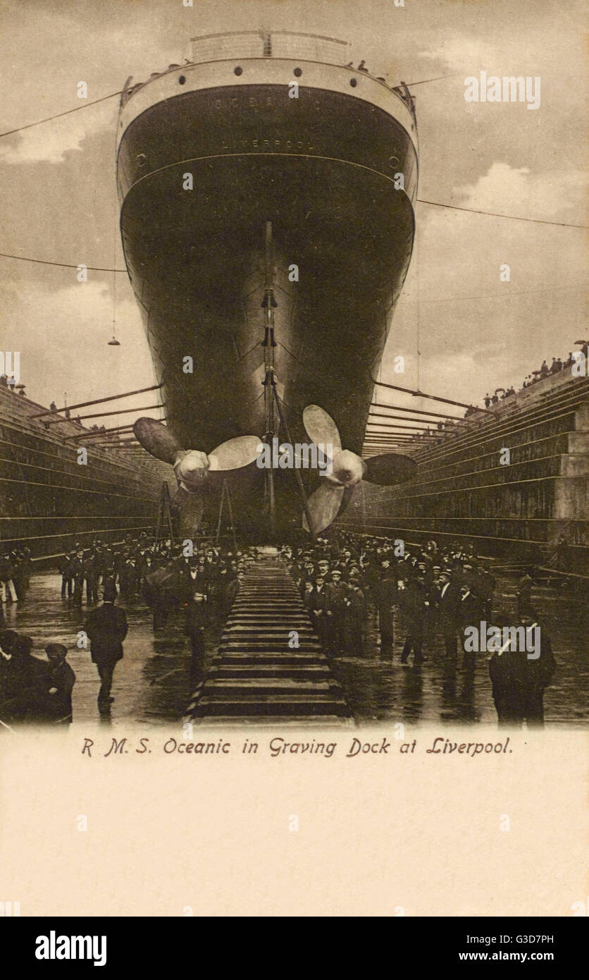RMS Oceanic in Graving Dock (Dry Dock), Liverpool, shortly before launch in 1899.     Date: circa 1899 Stock Photo