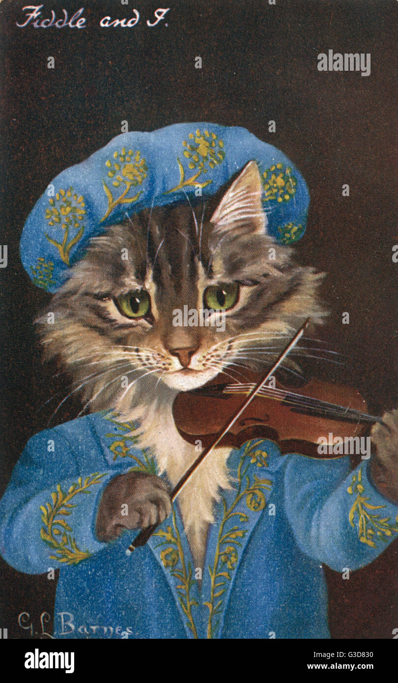 'Fiddle and I' - a cat strikes up a tune on his violin. (&quot;Hey Diddle Diddle&quot; etc...)     Date: 1908 Stock Photo