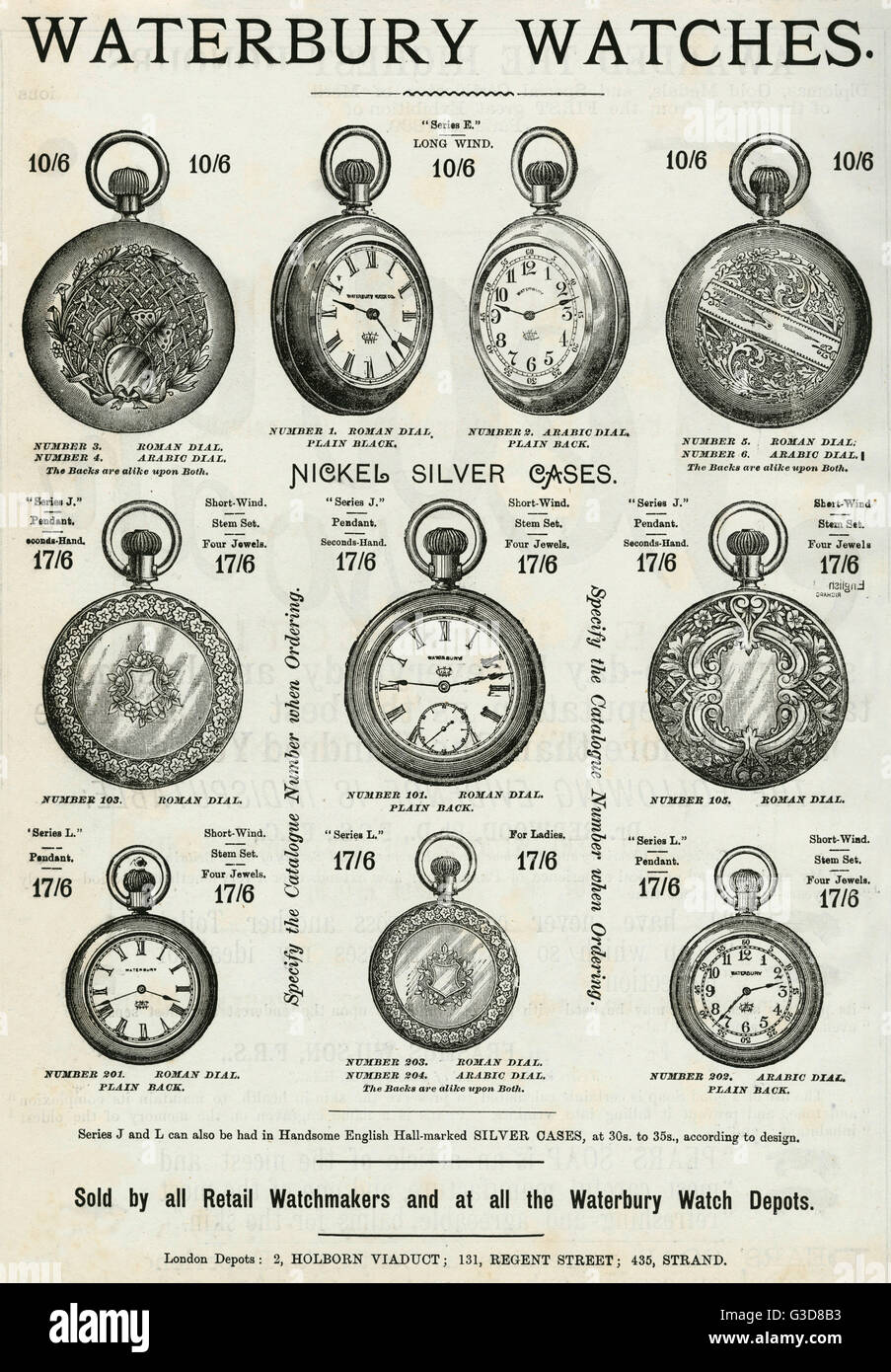 Waterbury pocket watches for men, with nickel siver cases. Date 1890