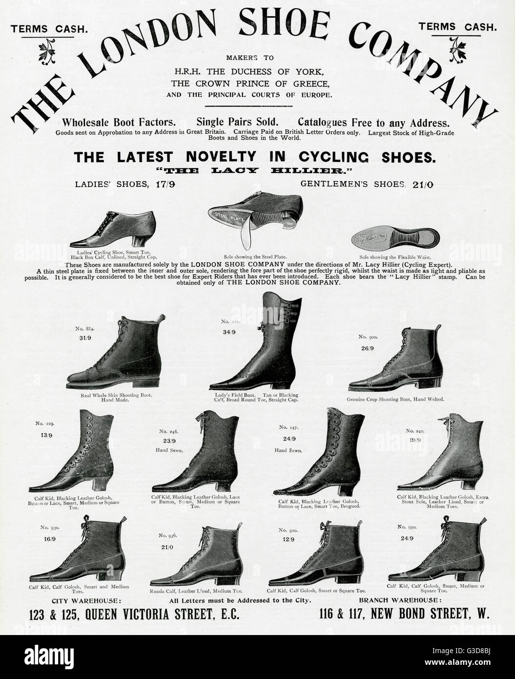 A selection of victorian boots, real whale skin for shooting, lady's field boot made from tan or blacking calf, button or lace, smart toe brogues.  An interesting advert for Victorian branding for cycling shoes, this was solely by the 'London Shoe Company Stock Photo