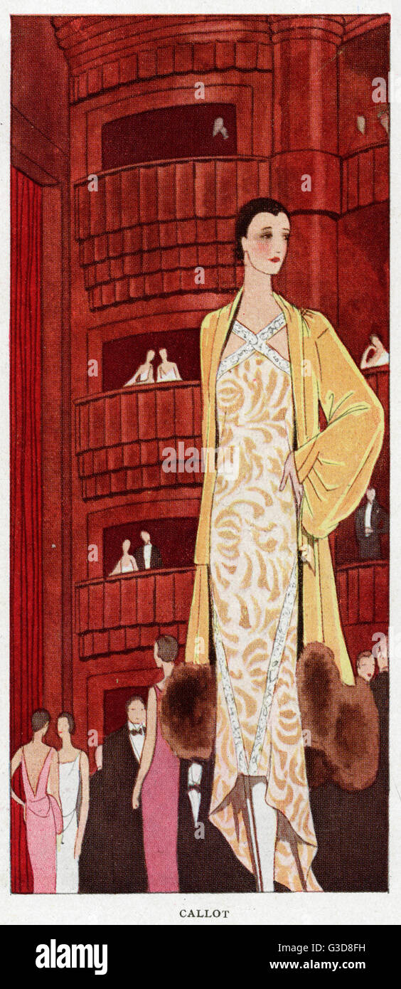 Advertisement for Callot fashions, showing an elegant woman inside the Theatre Pigalle, Paris.   1929 Stock Photo