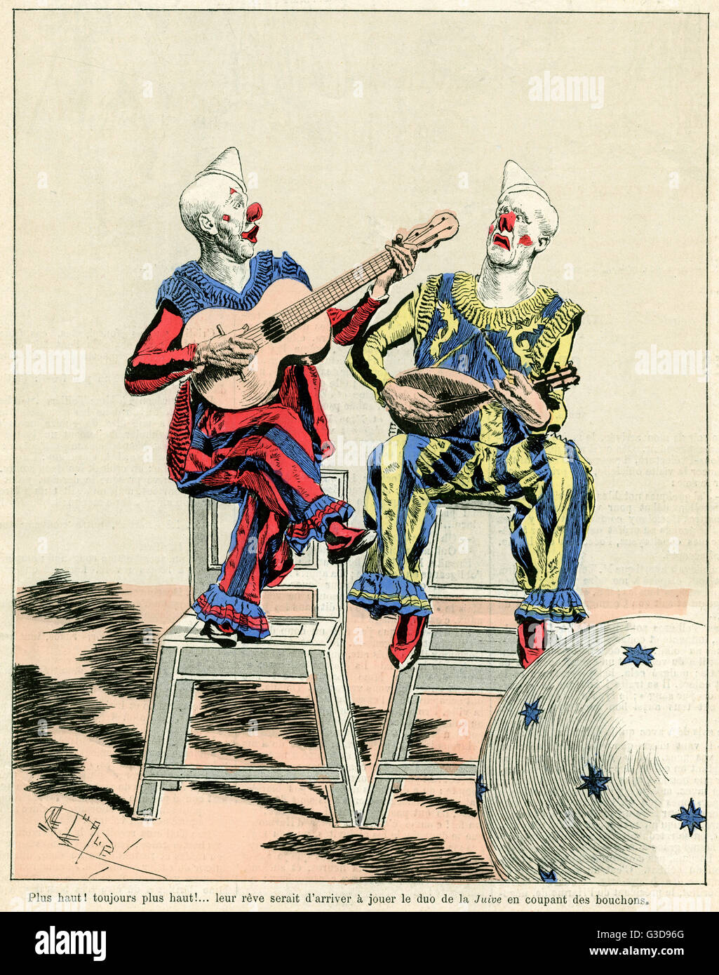 At the circus, two clowns playing musical instruments 1888 Stock Photo