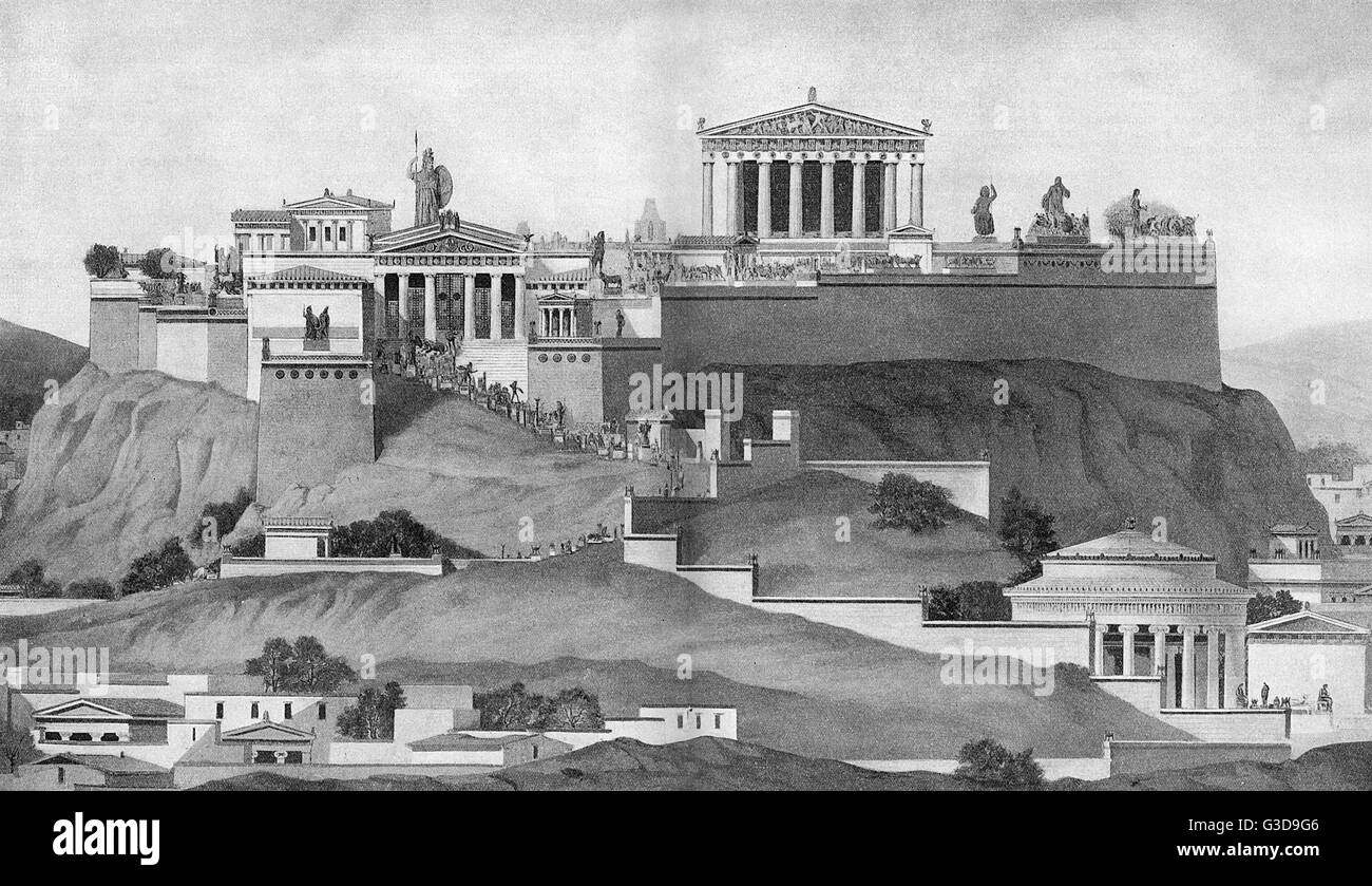 Depiction of the acropolis in ancient Athens, with the Propylaea, the bronze statue of Athena Promachos and the Erechteion, temple of the tutelary goddess Athena Polias. On the other side the temple of Nike and the Parthenon. Stock Photo