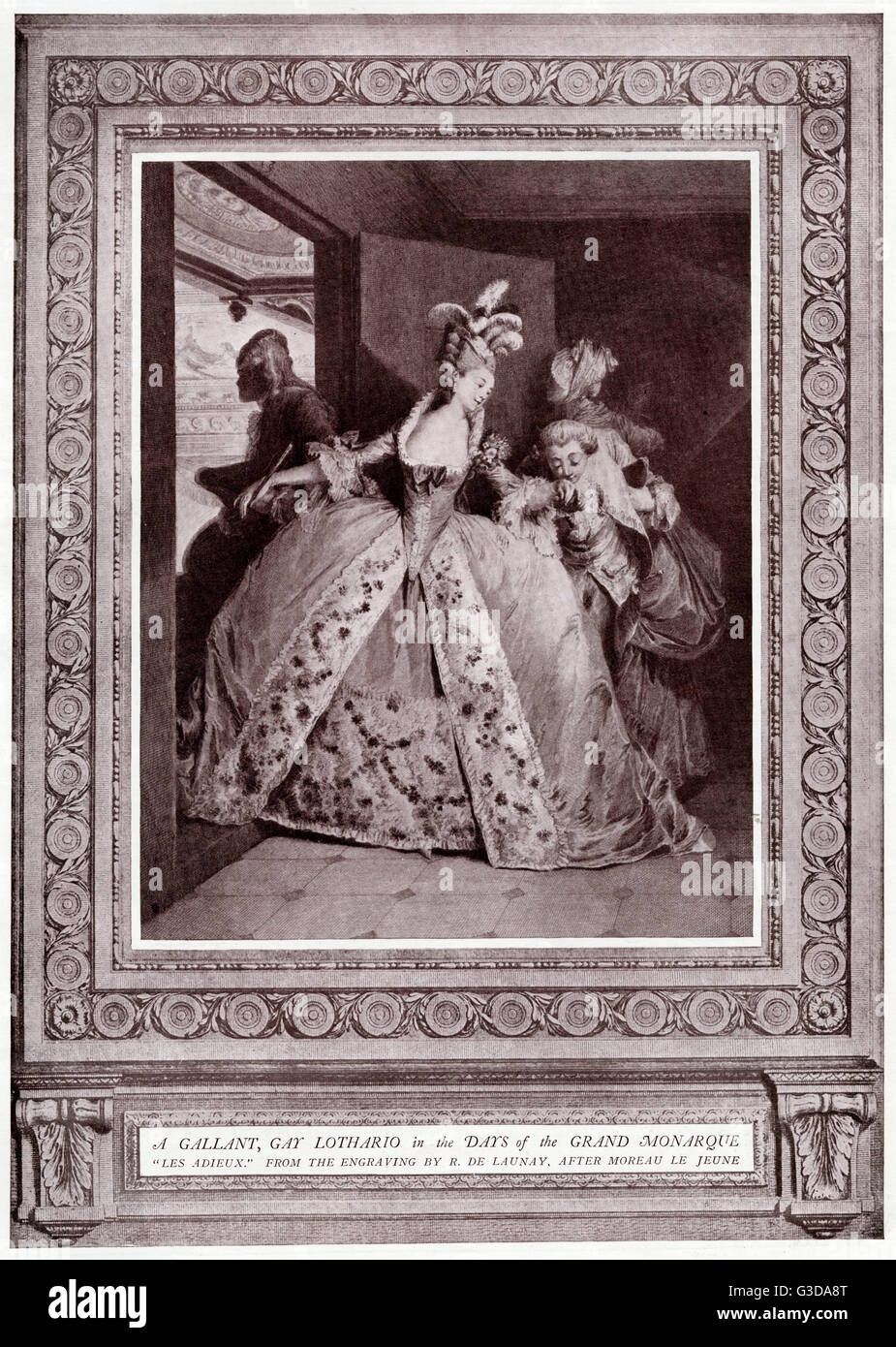 A Gallant, Gay Lothario in the Days of the Grand Monarque - a barve young gent kisses the hand of his heart's desire as she carefully manouevres her wide gown into a small Opera Box in Paris, France.     Date: 18th century Stock Photo