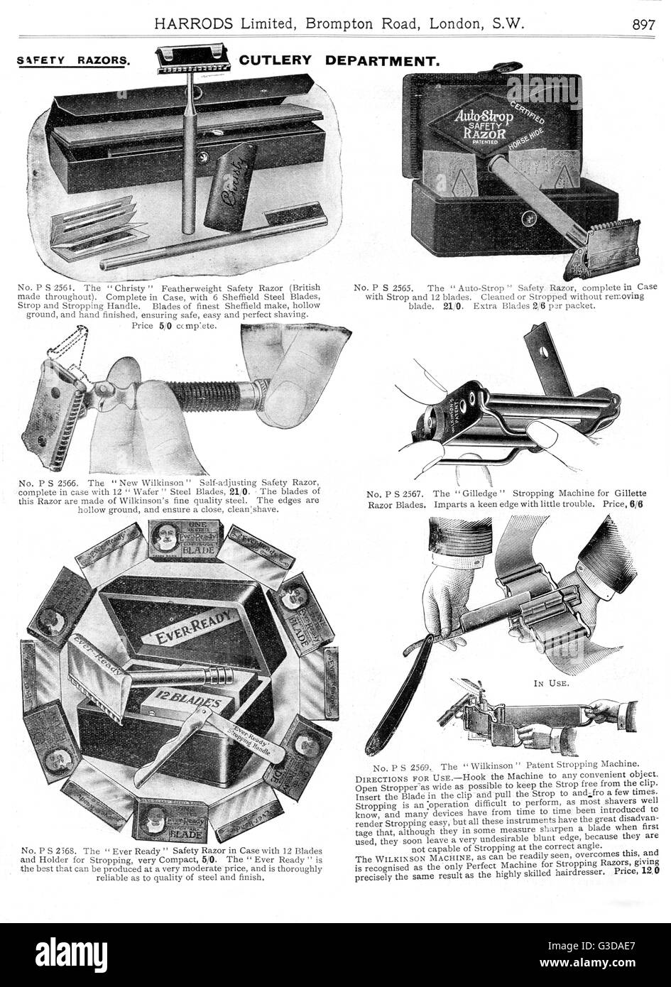 Page of safety razors for sale Harrods' catalogue (1911 1912
