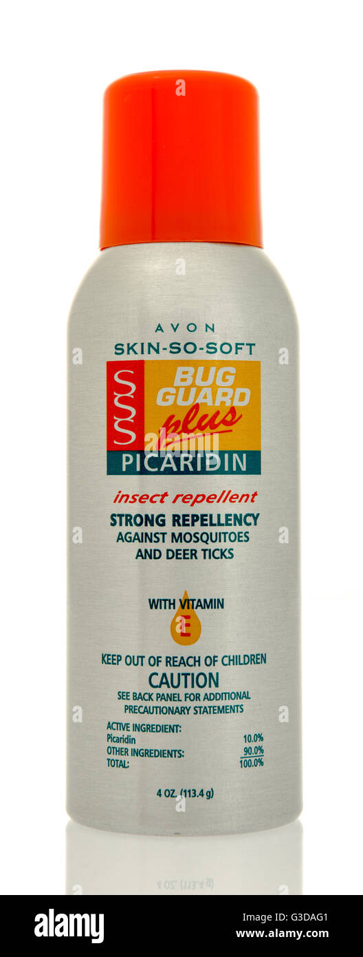Winneconne, WI - 7 June 2016:  Bottle of Avon skin so soft bug guard on an isolated background Stock Photo