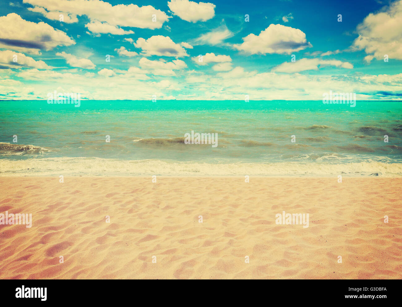 sand beach sea and blue sky clouds with vintage tone Stock Photo - Alamy