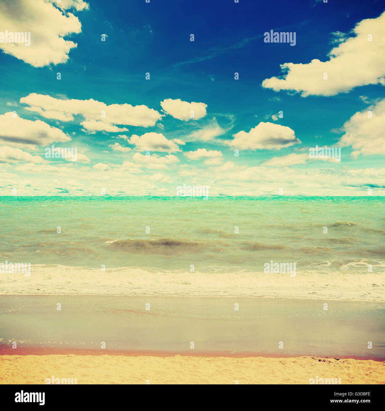 sand beach sea and blue sky clouds with vintage tone Stock Photo - Alamy