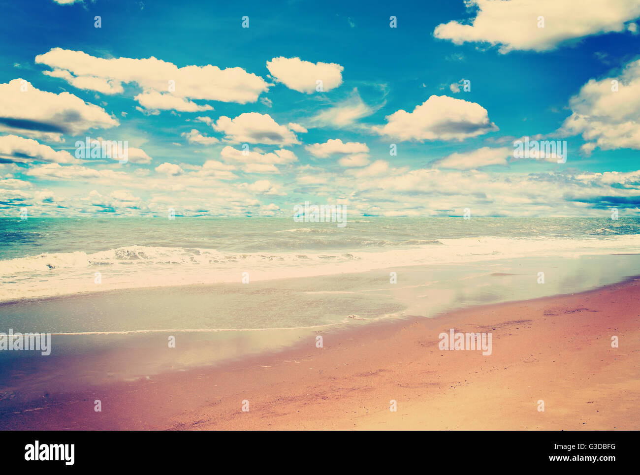 sand beach sea and blue sky clouds with vintage tone Stock Photo - Alamy