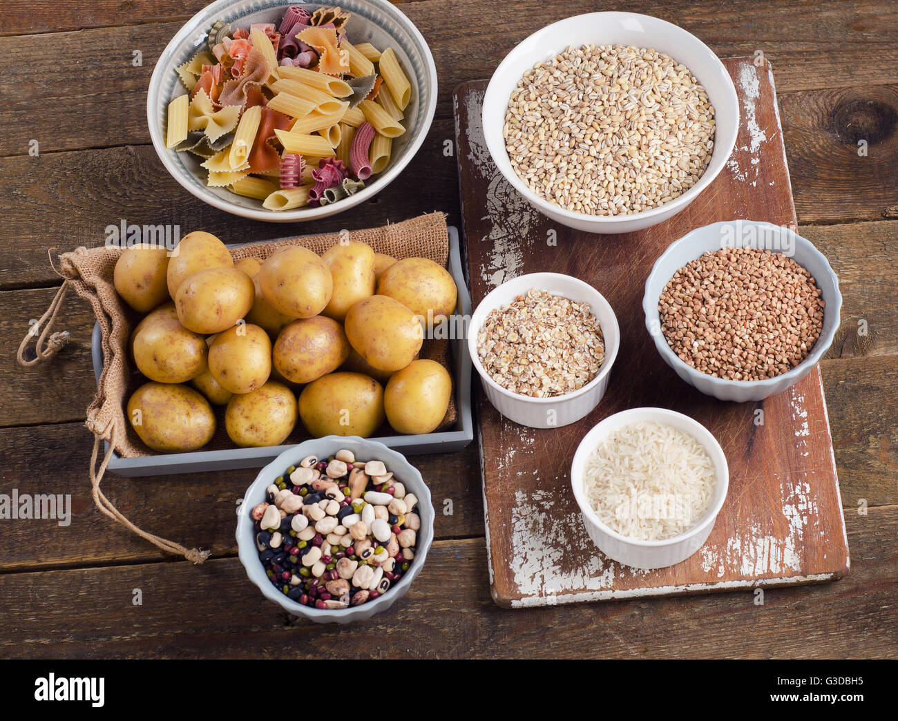 Healthy Food: Best Sources of Carbs on rustic wooden background. Top view Stock Photo