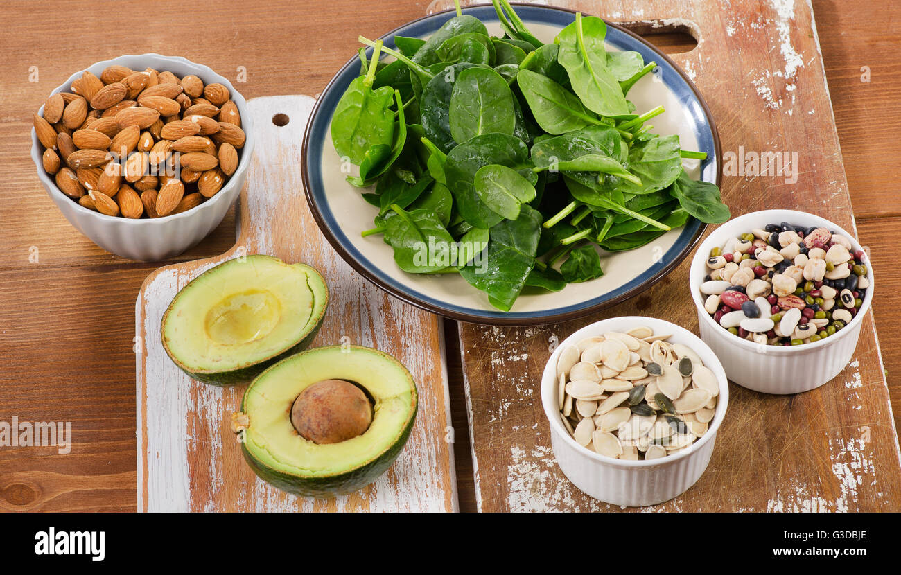 Magnesium Rich Foods on wooden table. Top view Stock Photo - Alamy