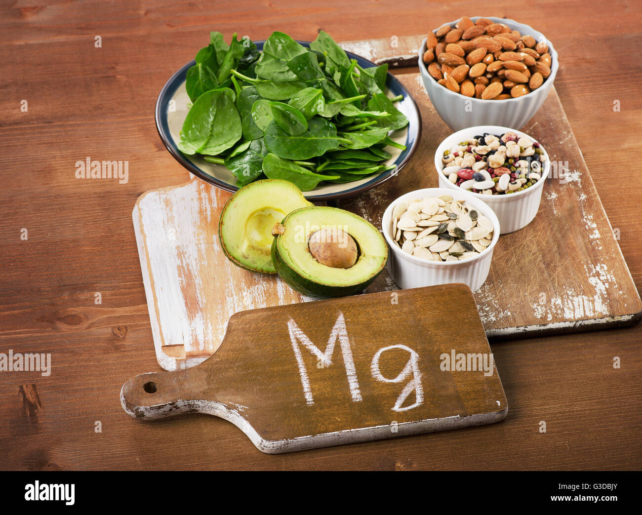 Magnesium Rich Foods on wooden table Stock Photo Alamy