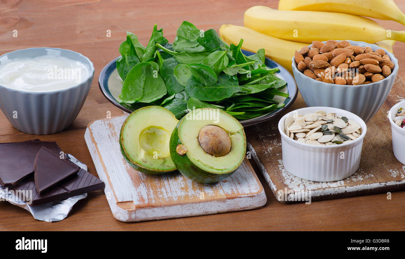 Foods High in Magnesium on wooden table Stock Photo Alamy