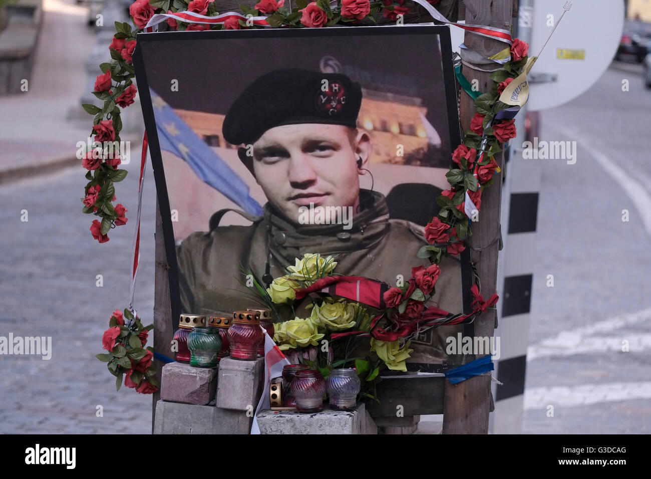 Memorial for an Ukrainian soldier killed in clashes with pro Russian militia in Eastern Ukraine in Mykhailo Hrushevsky Street in the center of Kiev capital of Ukraine Stock Photo