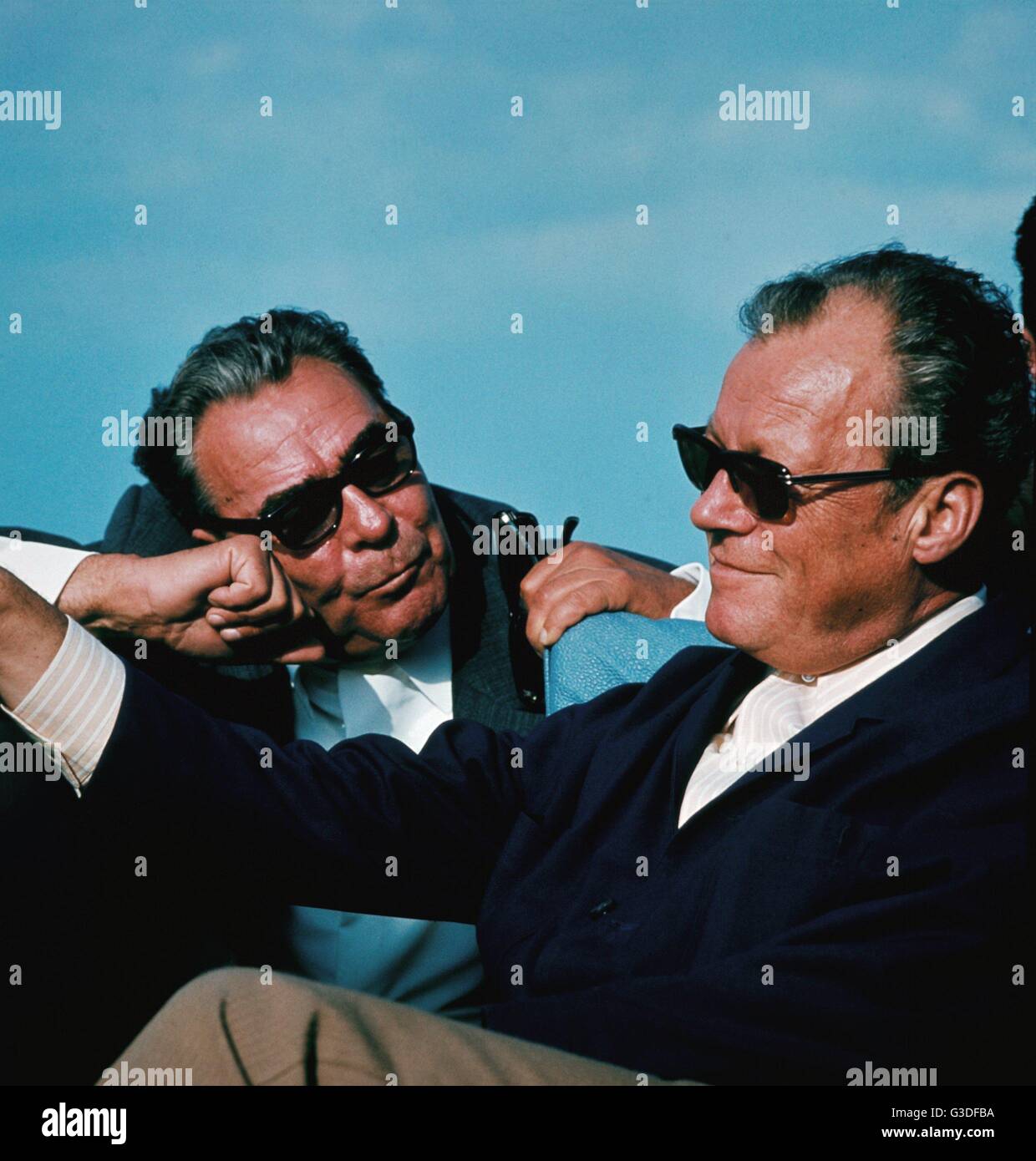 Chancellor Willy Brandt (r) and Soviet state president Leonid Brezhnev meet on a boat in the Soviet Union on the 17th of September in 1971. | usage worldwide Stock Photo