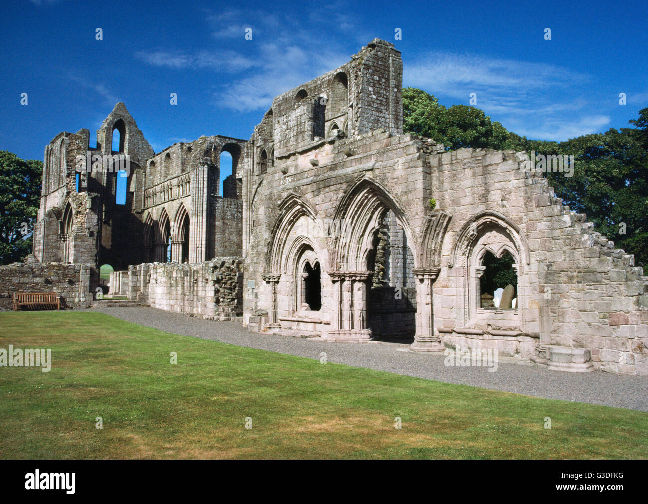 Dundrennan Abbey: cloister, C13th chapter-house and C12th monastic church.Dumfries and Galloway, Scotland, UK Stock Photo