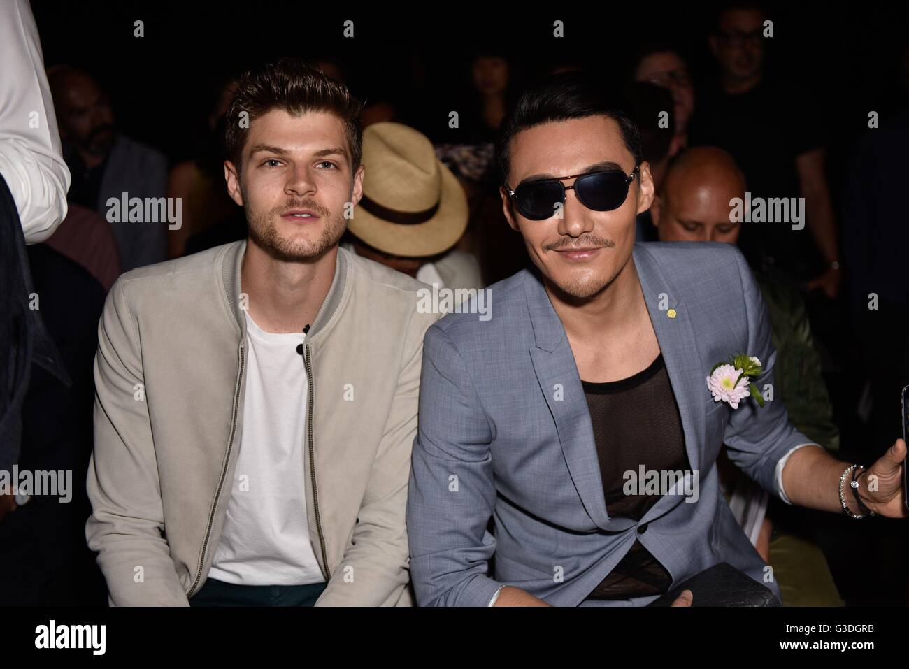 Jim Chapman and Hu Bing seen before the Topman Design London Collections Men SS17 show held at Ambika P3, London. Stock Photo