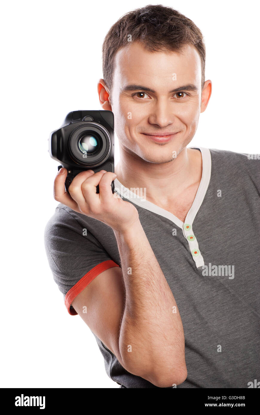 male photographer with camera isolated on white Stock Photo - Alamy
