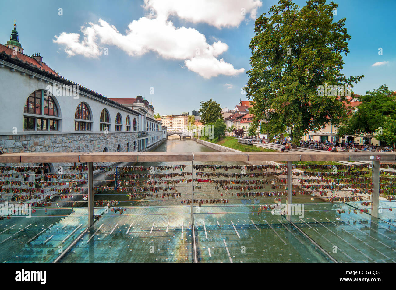 Love padlocks on Butcher's bridge on a bright sunny day, Ljubljana, Slovenia Stock Photo