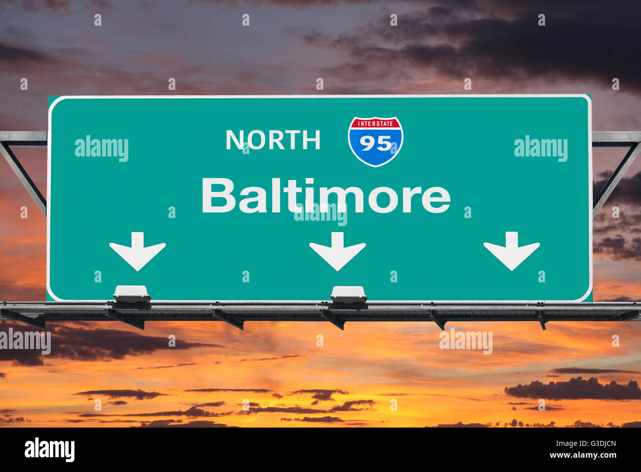 Interstate highway 95 to Baltimore highway sign with sunrise sky. Stock Photo