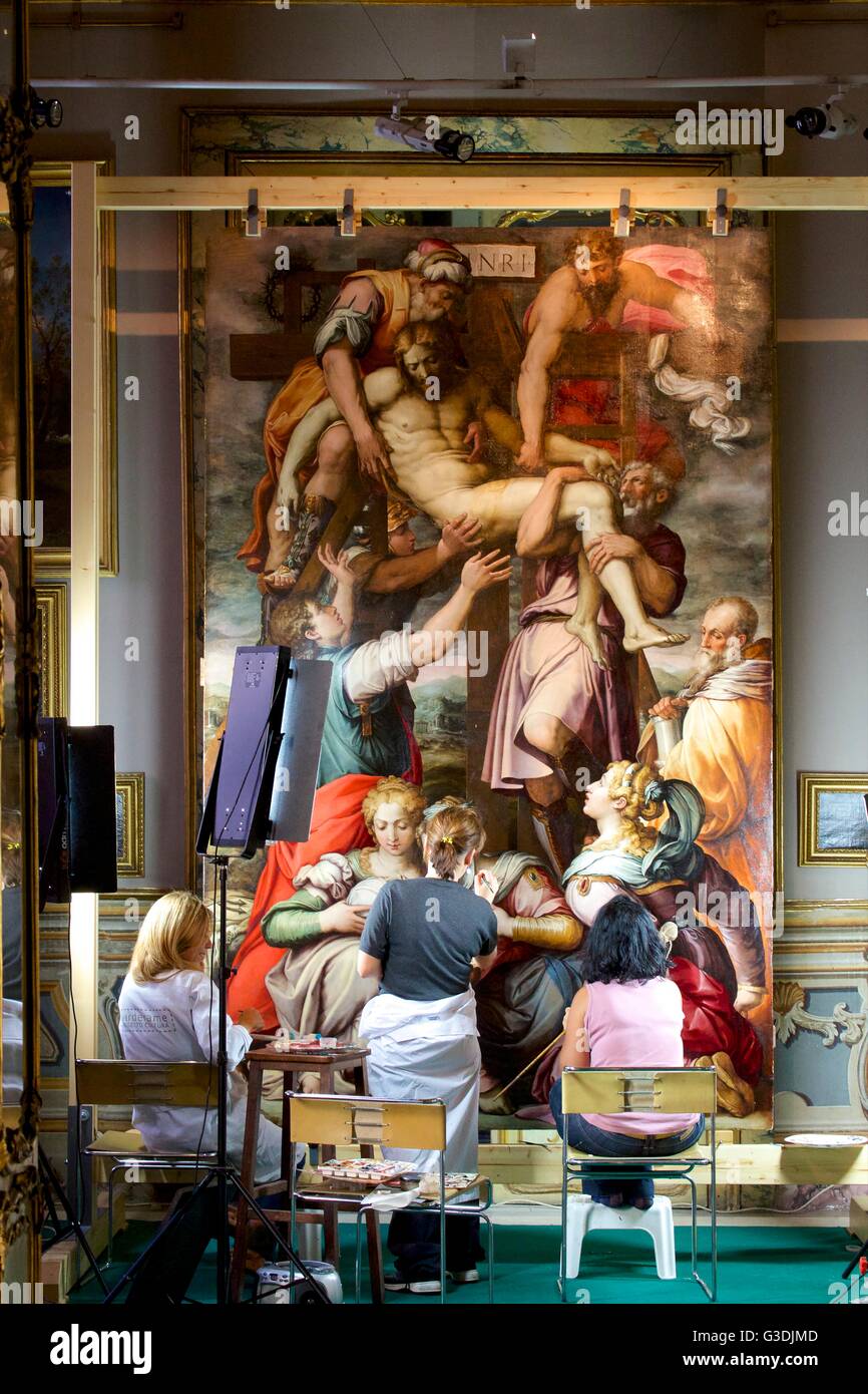 Restorers working on the Deposition from the Cross, by Giorgio Vasari, circa 1550,  Gallery Doria Pamphili, Rome, Italy Stock Photo