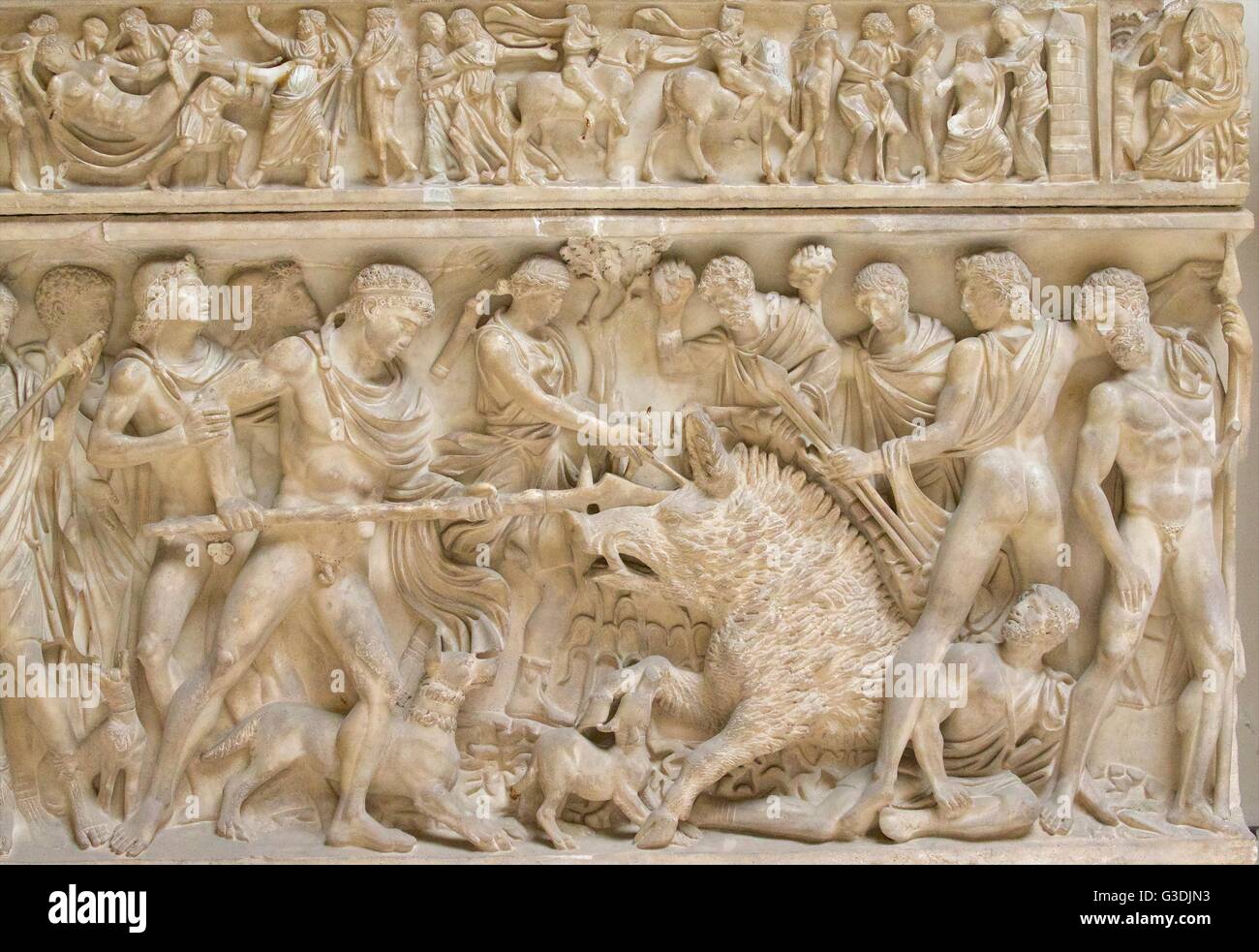 Meleager Sarcophagus with a scene of Calydonian Boar Hunt, front panel, Luna marble, 180 A.D., Doria Pamphilj Gallery. Rome Stock Photo