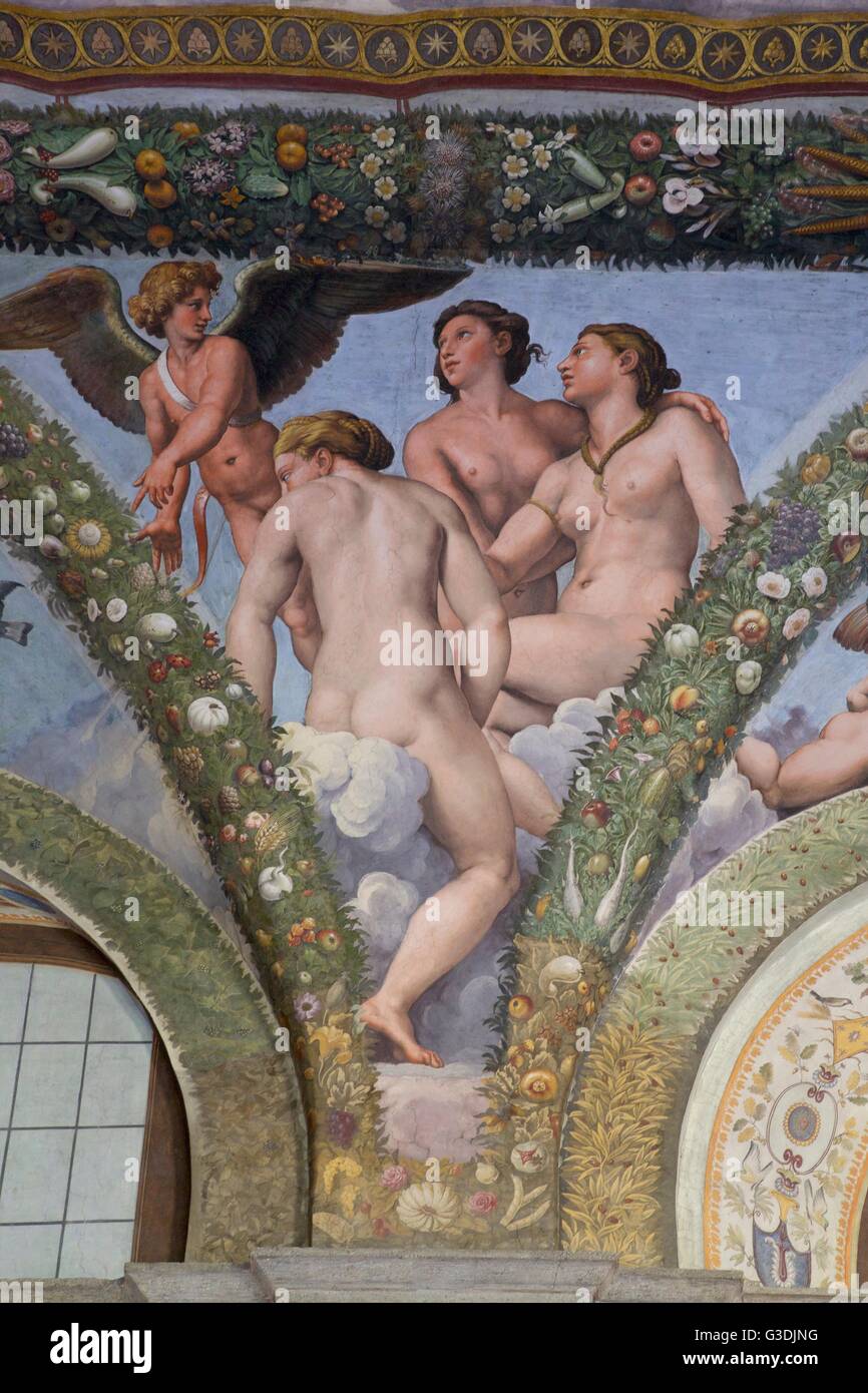 Cupid and the Three Graces, 1517-1518, Loggia of Cupid and Psyche, Villa Farnesina, Rome, Italy, Europe Stock Photo