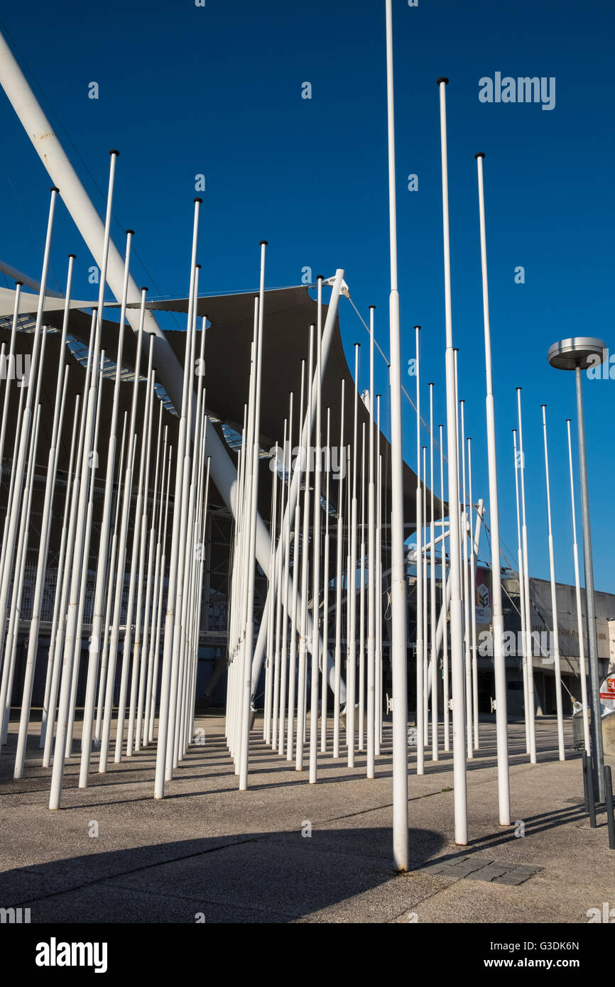 Flagpoles and modern architectural building details, Parque Das Nacoes, Lisbon, Portugal Stock Photo