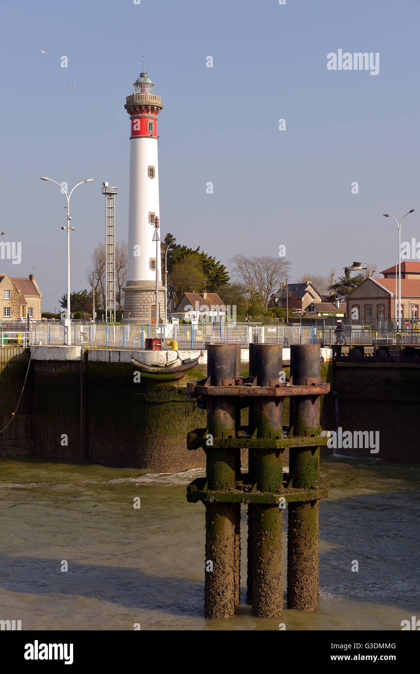 Lighthouse of Ouistreham at low tide in the Calvados department in the Basse-Normandie region in northwestern France. Stock Photo