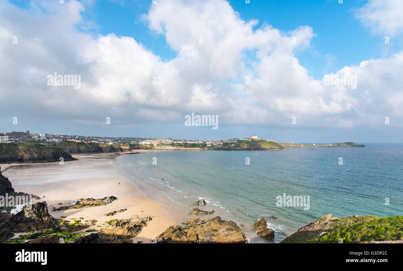 Beaches at Newquay, Cornwall, UK. Tolcarne Beach is in the foreground, Greatwestern Beach in middle then Towan Beach. Stock Photo
