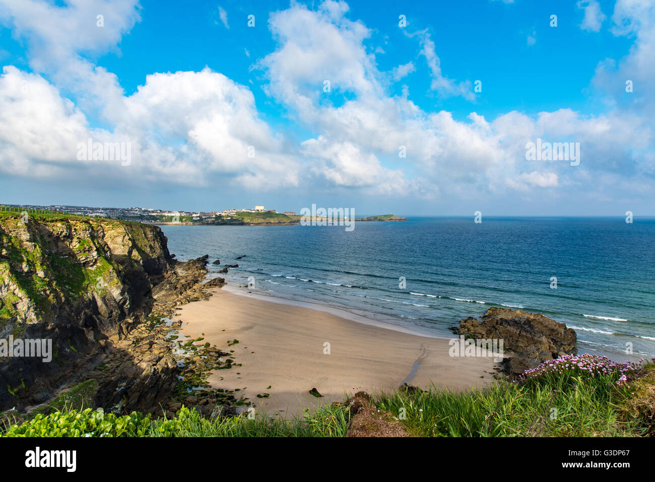 Tolcarne Beach with Towan Head in the background.  Newquay, Cornwall, UK Stock Photo