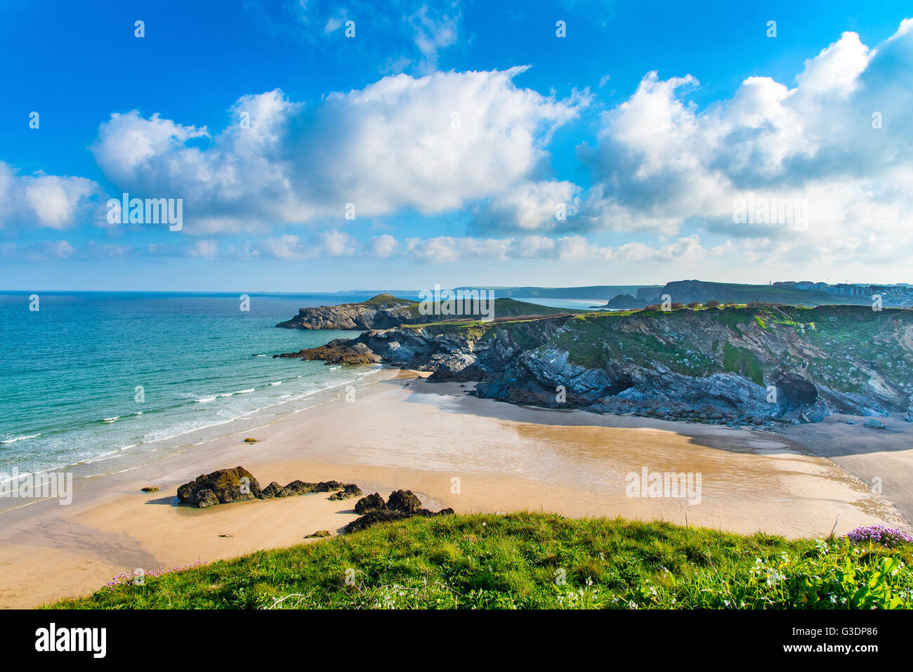 Lusty Glaze Beach at Newquay, Cornwall, UK. The second promontory is Trevelgue Head. Stock Photo