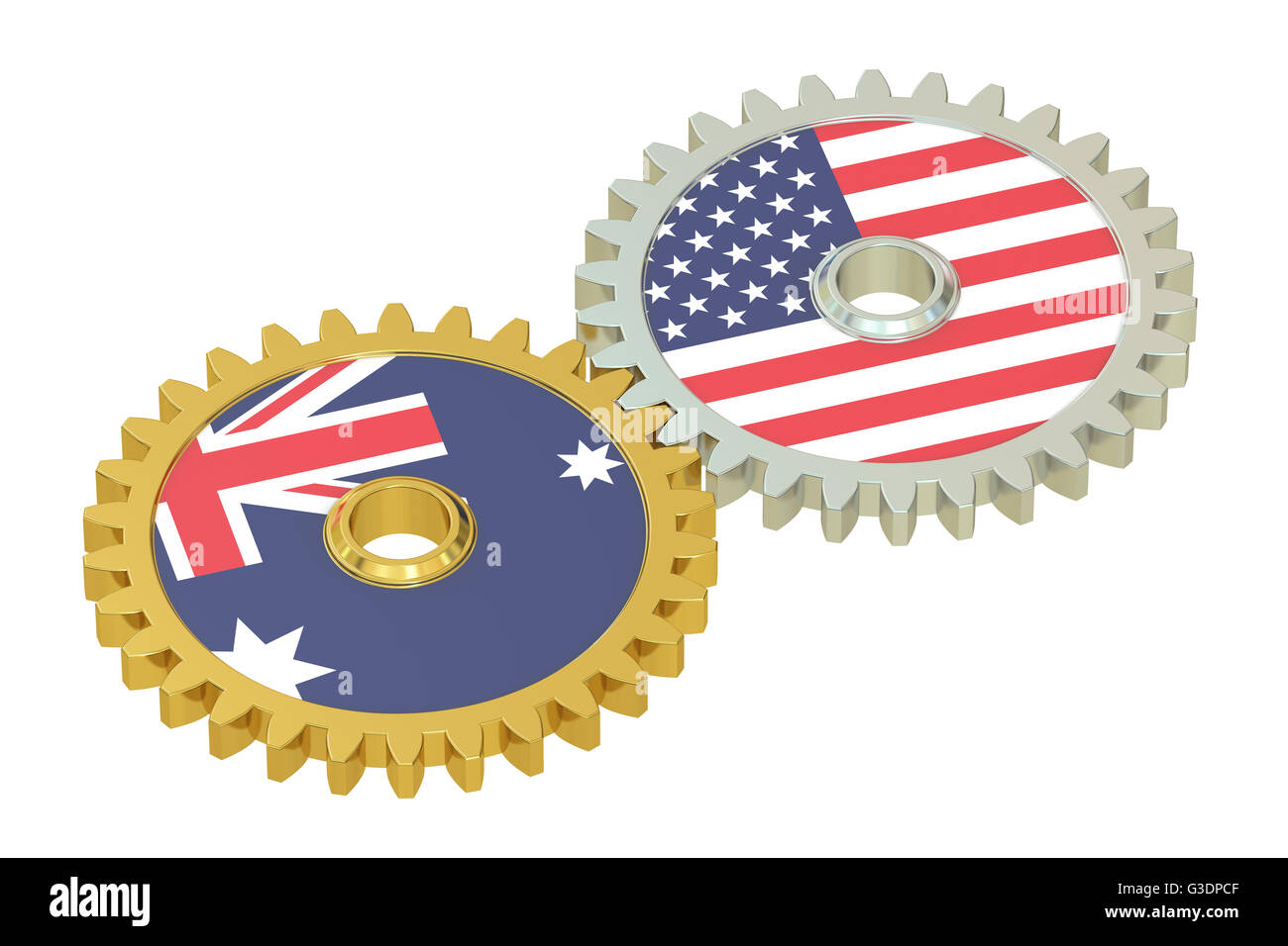 USA and Australia flags on a gears, 3D rendering isolated on white background Stock Photo