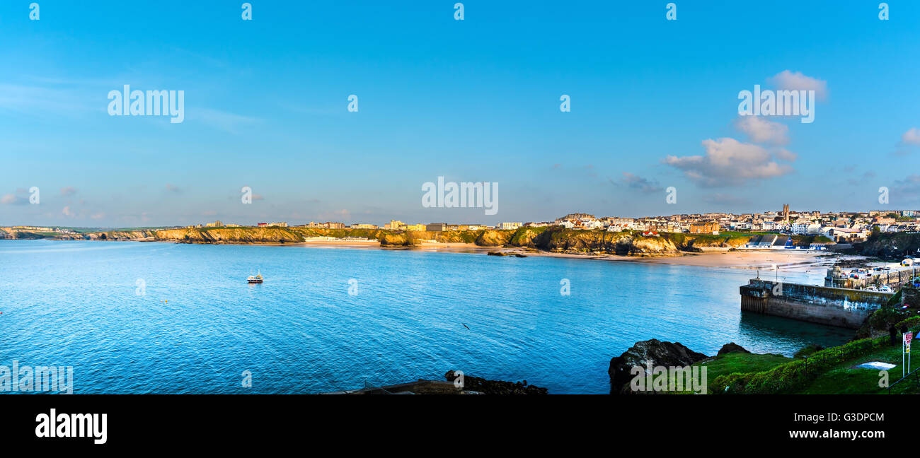 Evening view of Newquay Beaches  from Lusty Glaze (left) to Tolcarne, Great Western and Towan (next to Harbour) Stock Photo
