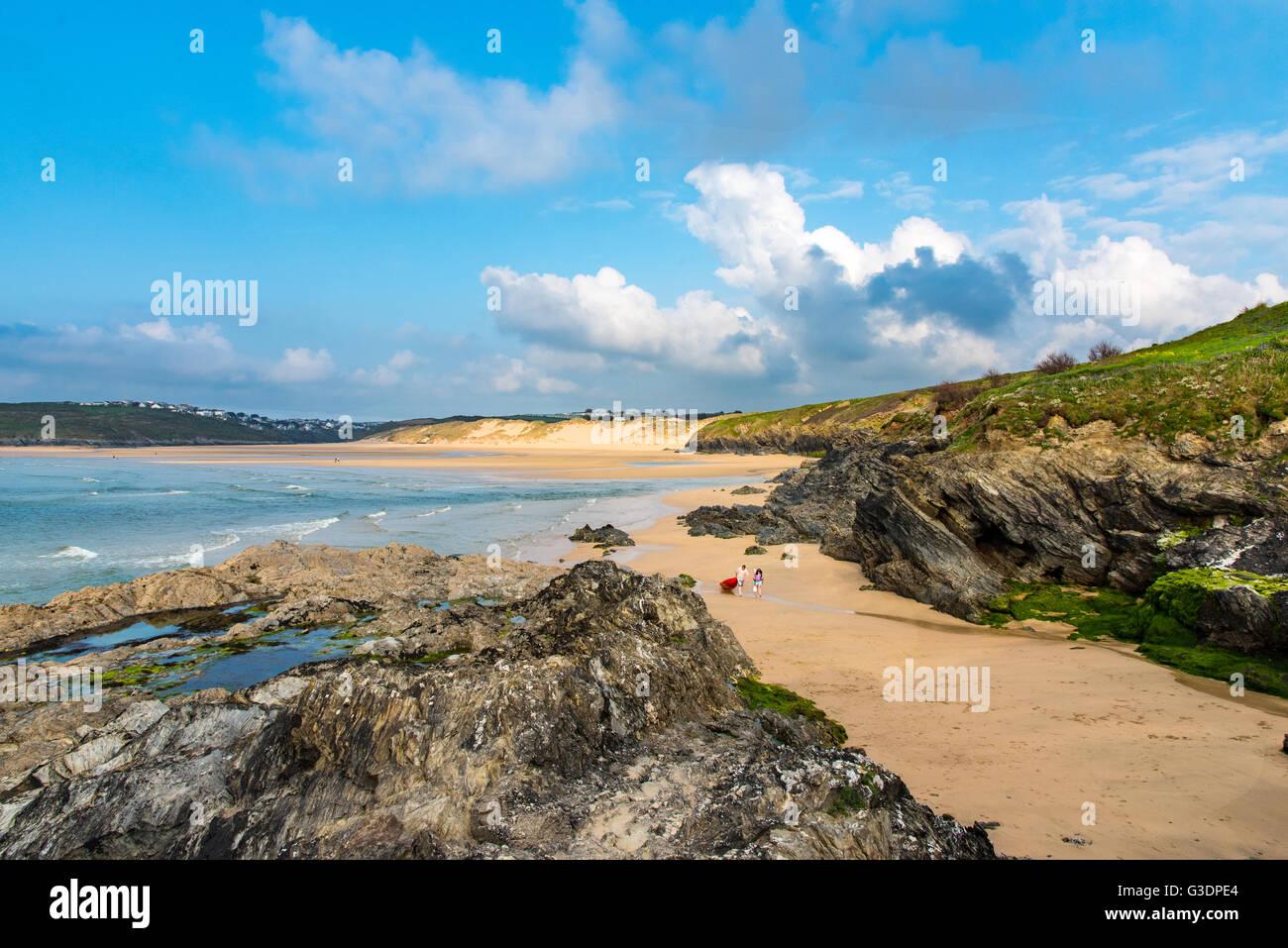 Crantock Beach, seen fom a small cove near West Pentire village near Newquay, Cornwall Stock Photo