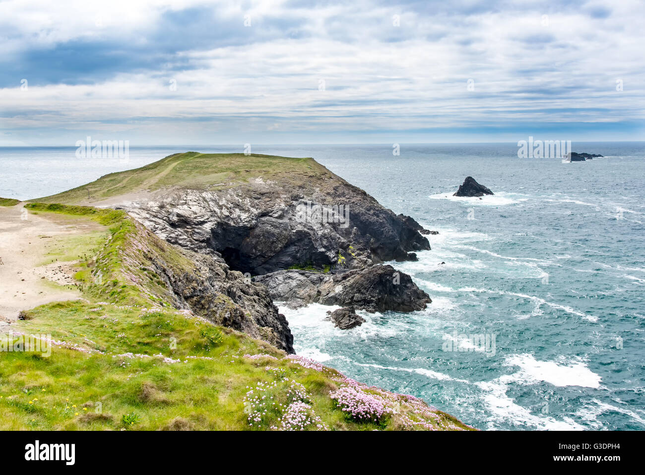 Dinas Head, Trevose, North Cornwall.  The first rock offshore is known as The Bull and those more distant are called the Quies. Stock Photo