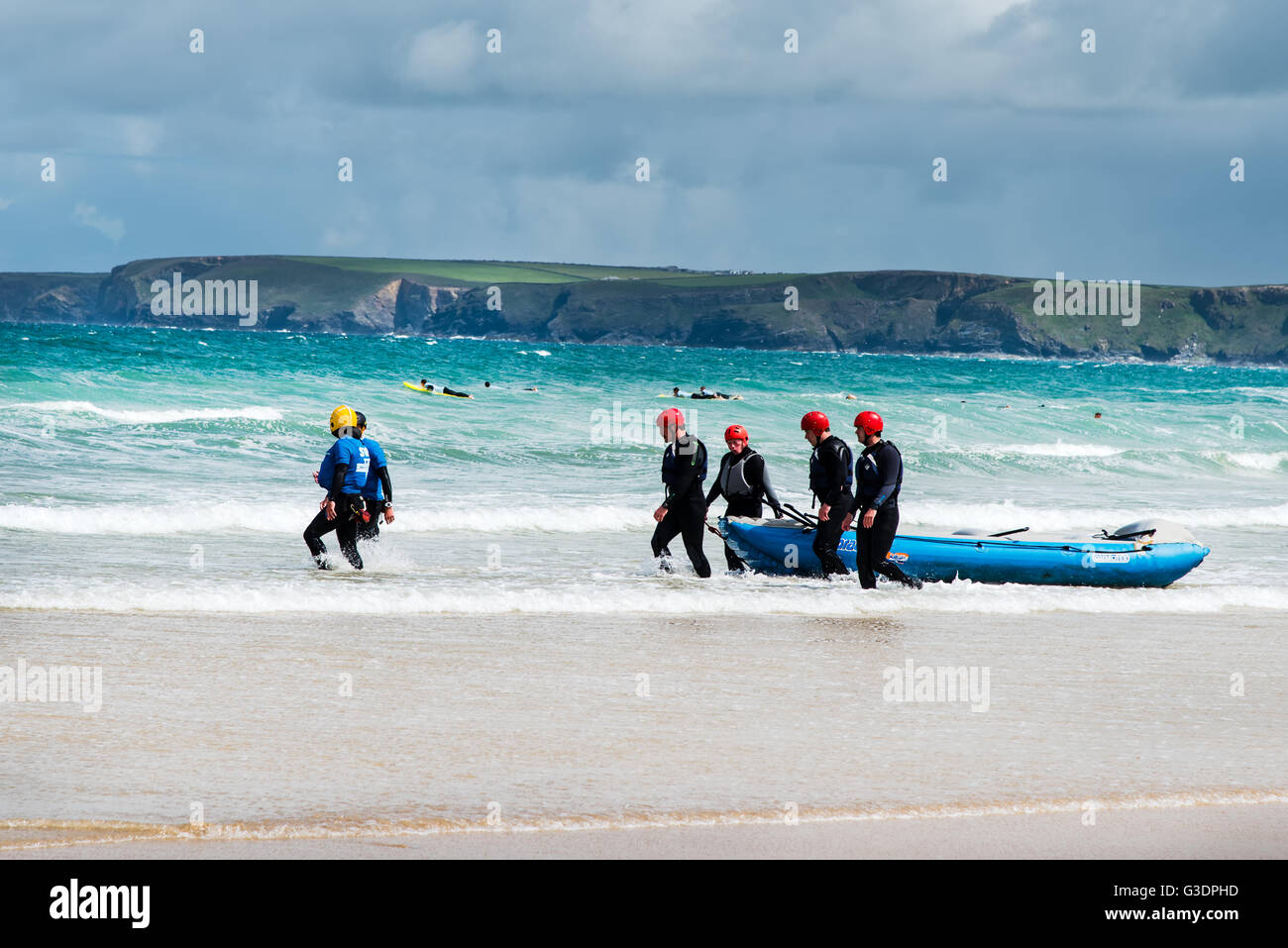Sea rafting is a growing sports activity in Newquay, Cornwall, UK. Stock Photo