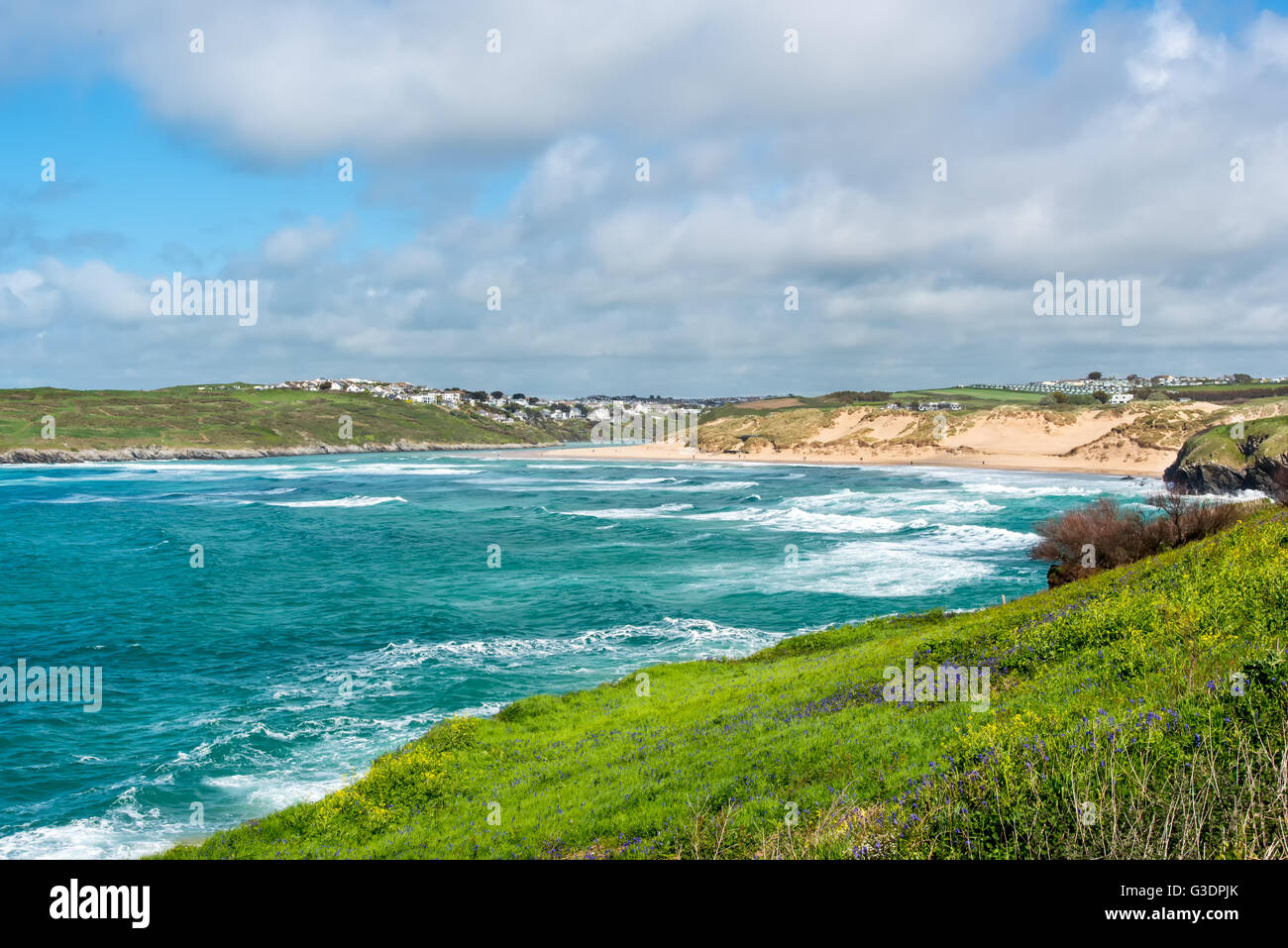 Crantock Beach and the Gannel with Pentire Village beyond. Near Newquay, Cornwall, UK. Stock Photo