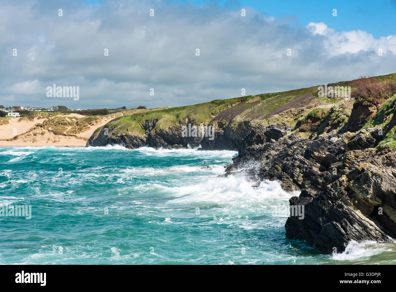 Looking back towards Crantock Beach from Pentire Point West. Stock Photo