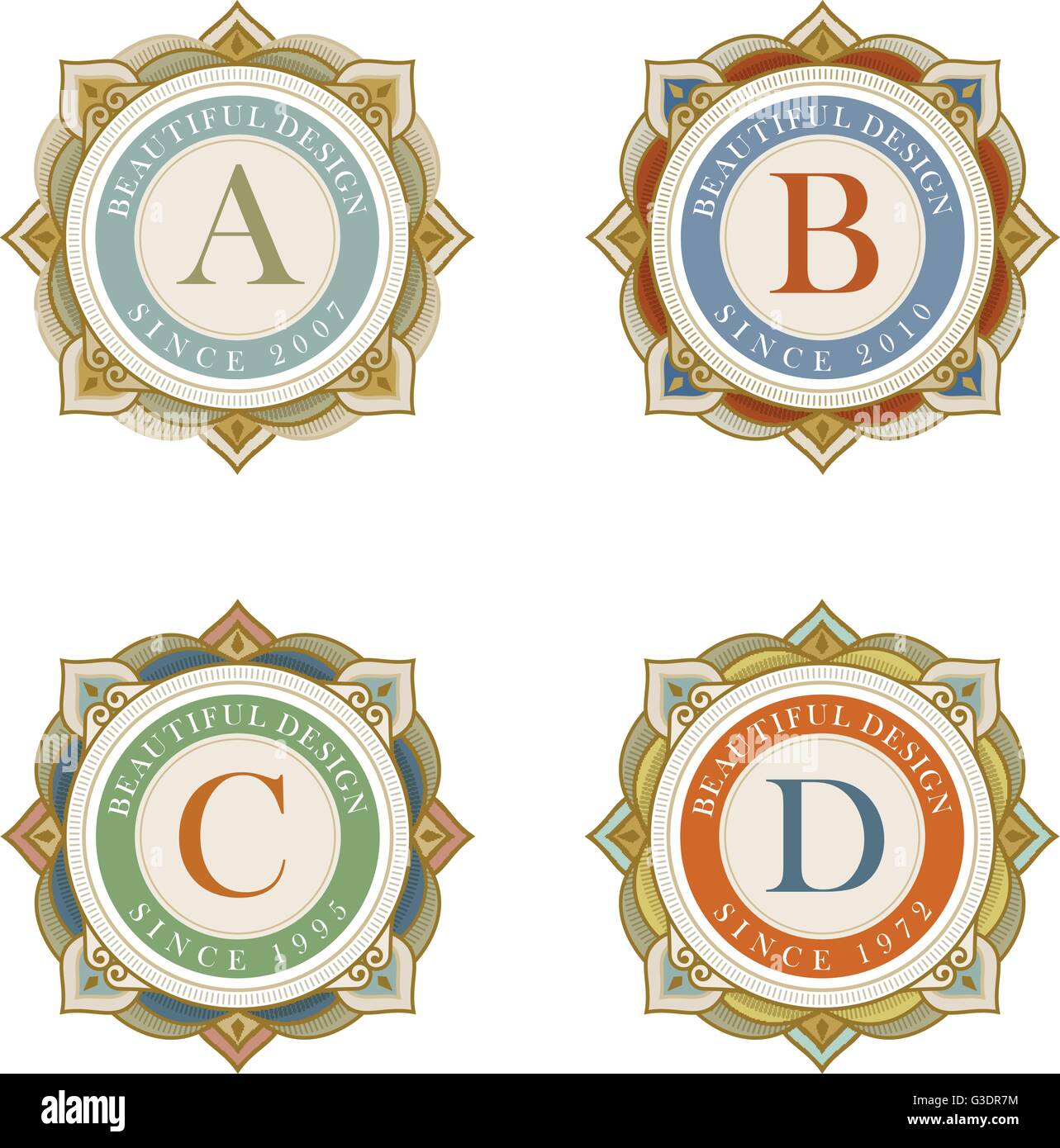 Vector luxury elegant frame ornament line logo design set. Monogram emblem template collection. Ideal for restaurant, hotel etc. Stock Vector